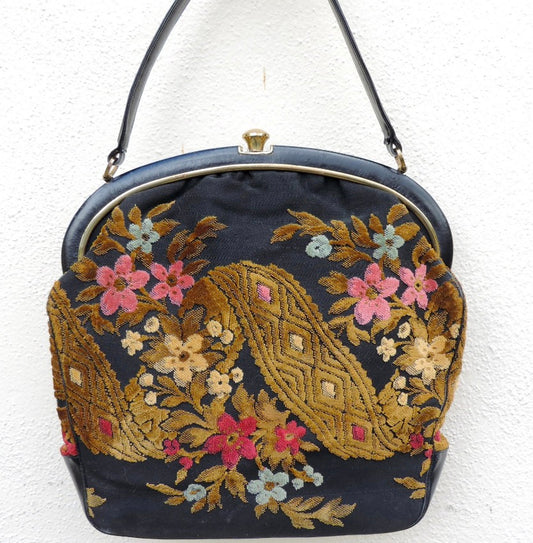 Vintage 1960s Rosenfeld Floral Burnout Velvet Black
Leather Purse Top Handle