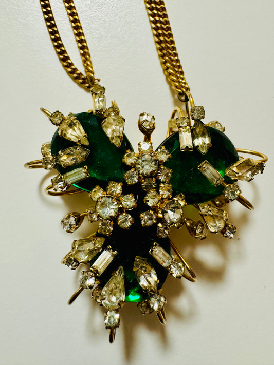 Gorgeous pendant / brooch necklace featuring green gemstone and rhinestones on a double gold tone chain