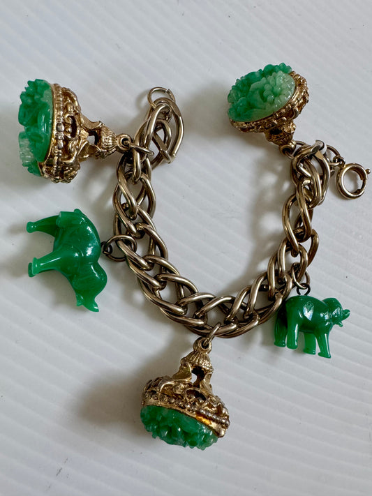 RARE 1960s gold tone chunky charm bracelet with jumbo jade charms and 2 adorable elephants (one missing a leg - see photo)