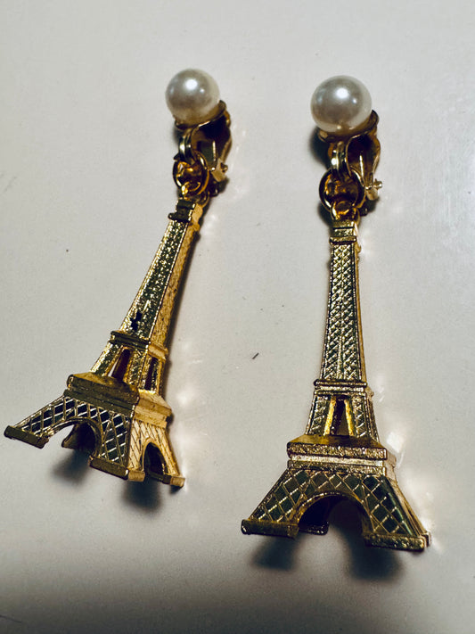Vintage clip on Eiffel Tower with pearl earrings. From the collection of Linda Fargo