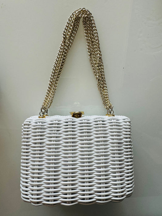 Adorable mini white wicker 1950s bag with gold tone hardware and double chain handle