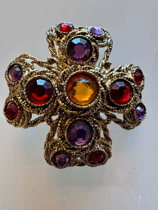 1980s gold tone and multi colored rhinestone brooch