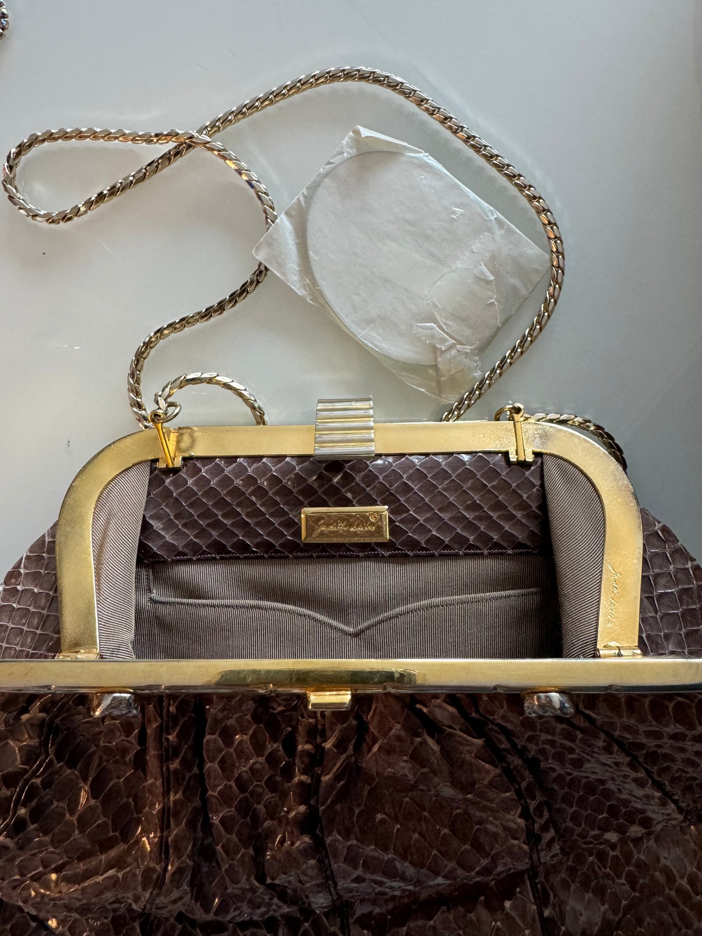 Vintage Judith Leiber brown tone snakeskin shoulderbag/clutch with gold tone chain