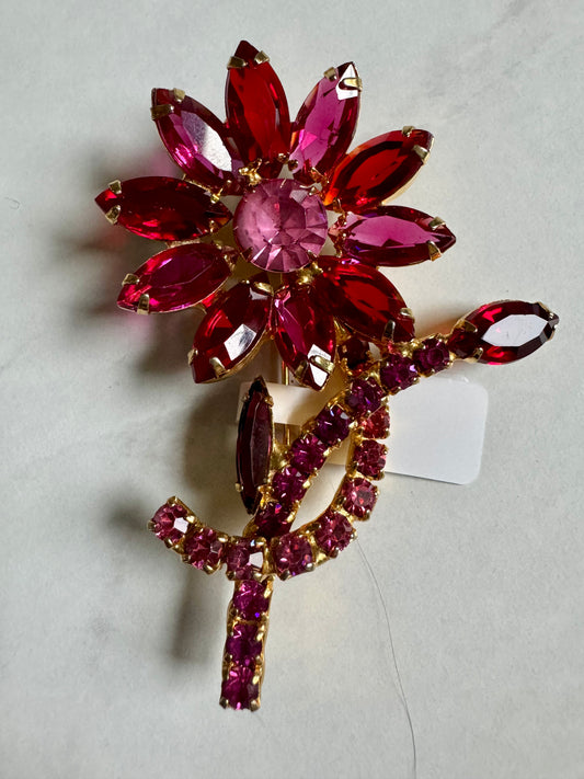 Stunning sparkle red and pink rhinestone flower with stem brooch