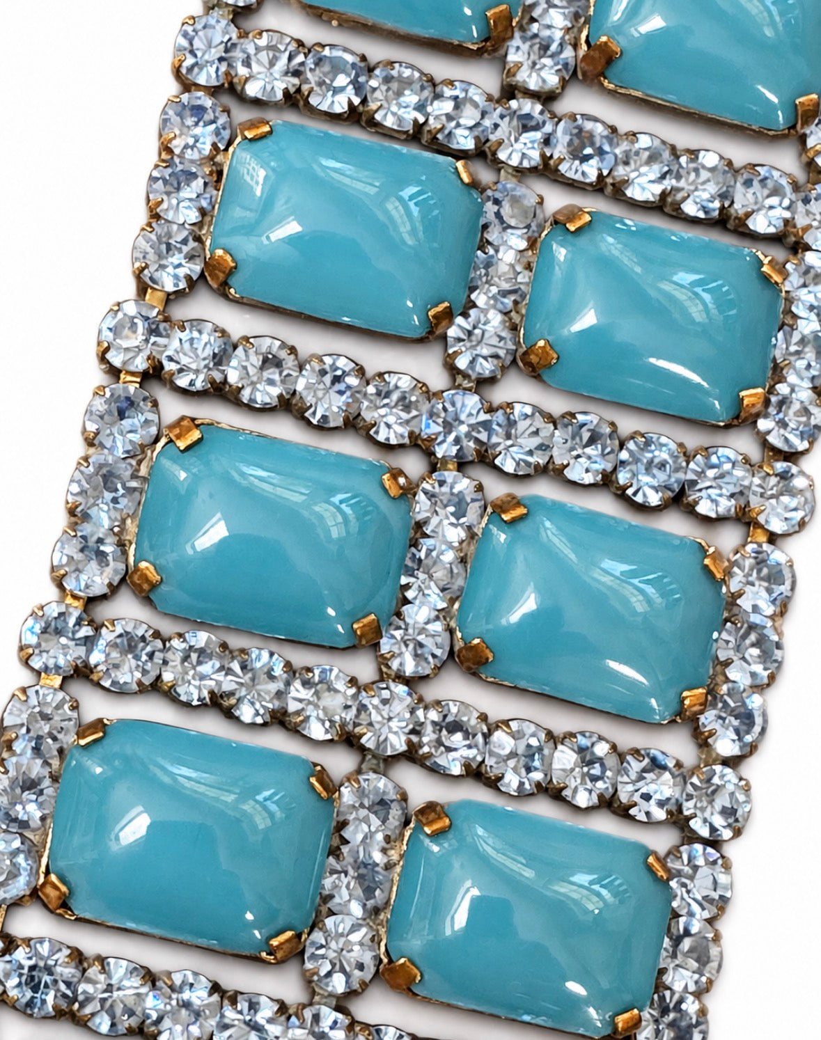 Absolutely stunning chunky signed Husar D Czech glass turquoise cabochon and blue rhinestone bracelet