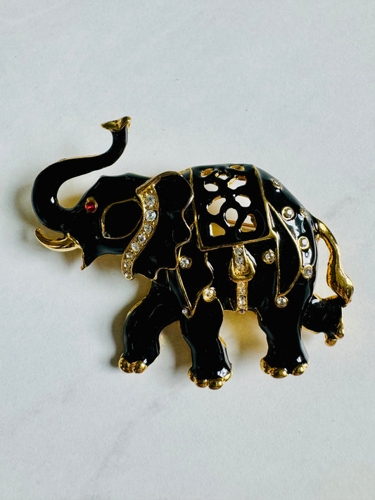 1980's black enamel elephant pendant with rhinestones