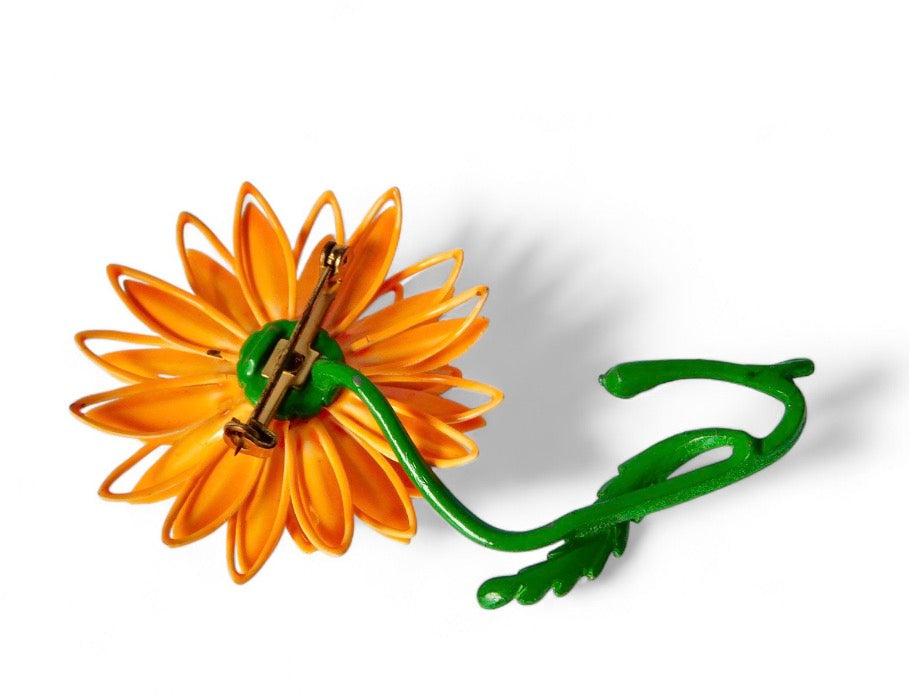 1970s Vintage  Orange  Enameled  Multi Layered Petals with  Clear AB Rhinestone Center and Green Stem and Leaf Flower Brooch.
