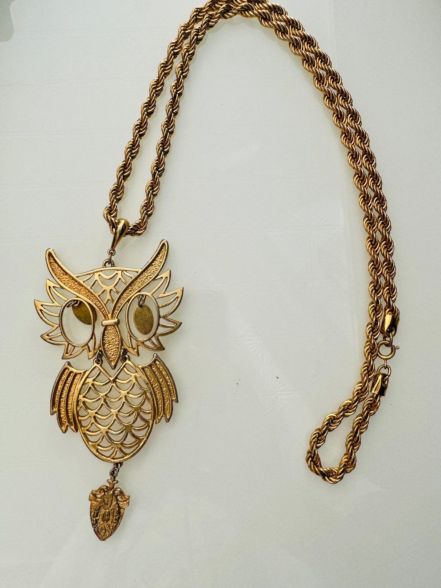 Fabulous Jumbo Wise Owl Gold tone pendant with green eyes