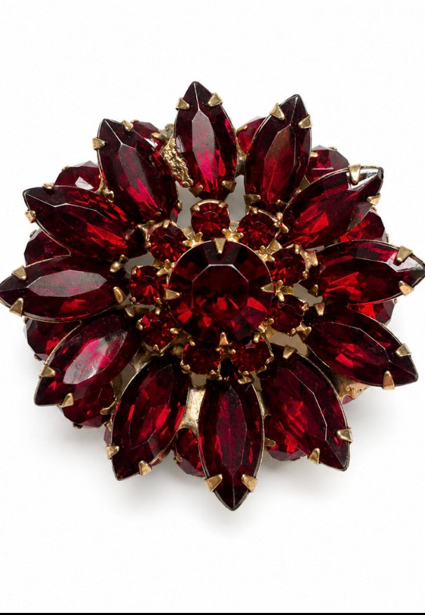 1950s multi layered construction red rhinestone brooch