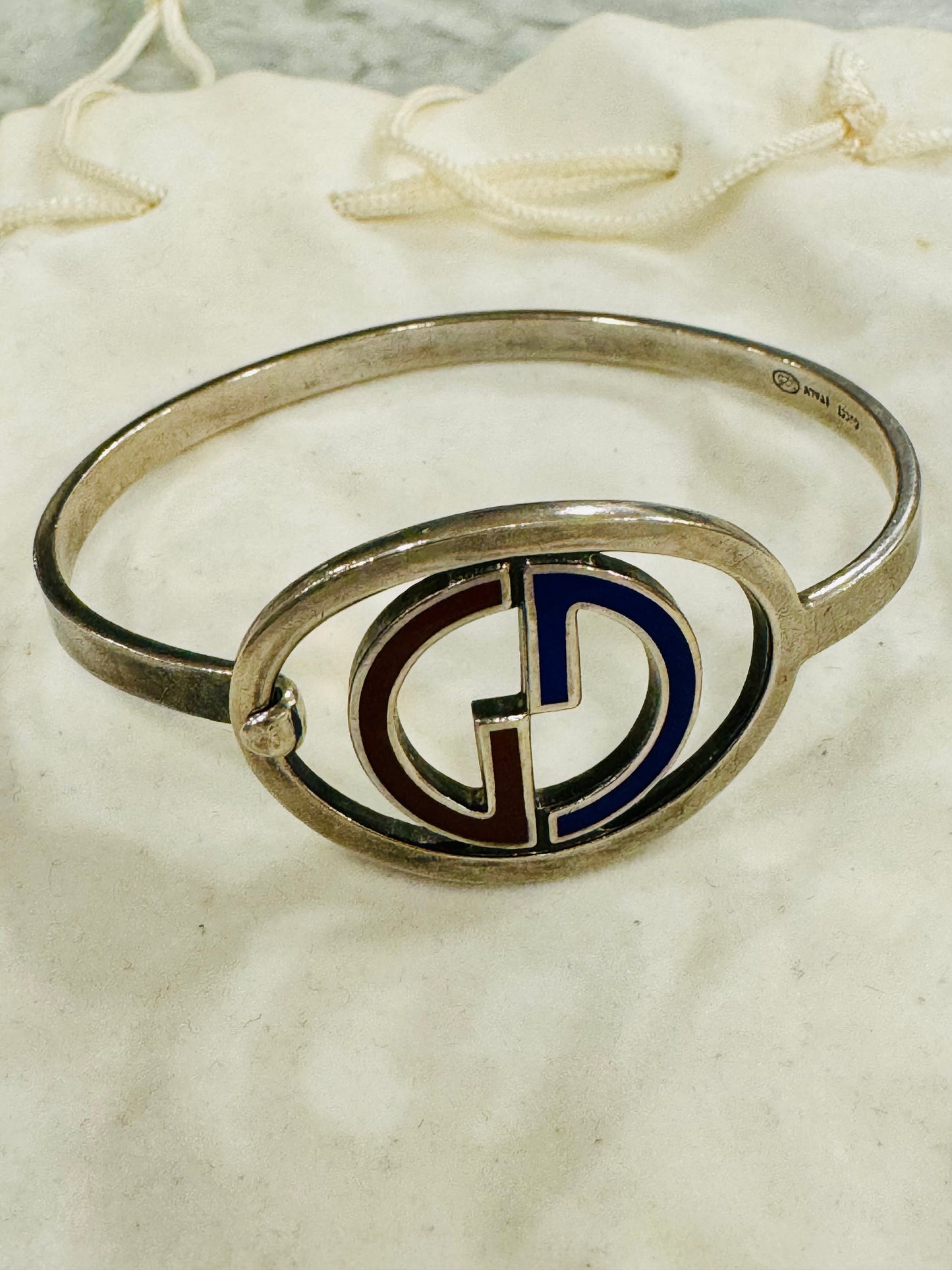 Rare Vintage 1977 Gucci G .925 Sterling Silver & Enamel Red & Blue Bracelet