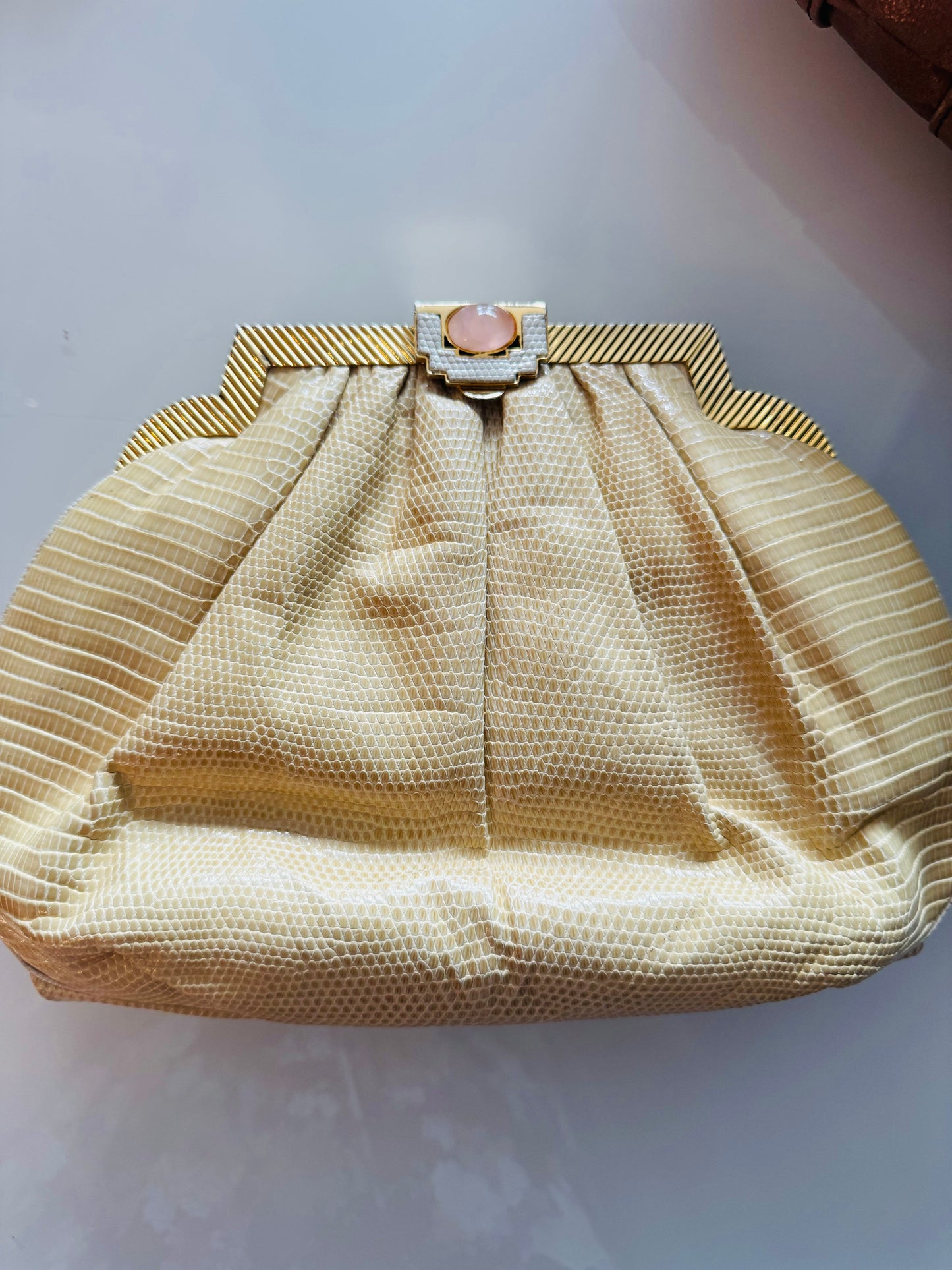 Judith Leiber ivory Lizard shoulder bag/clutch with crystal details and gold chain