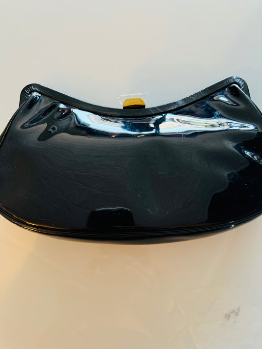 Stunning 1960s patent leather black clutch with lucite top