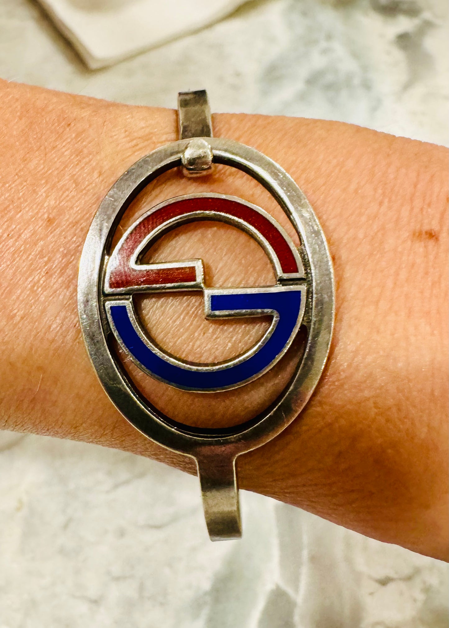 Rare Vintage 1977 Gucci G .925 Sterling Silver & Enamel Red & Blue Bracelet