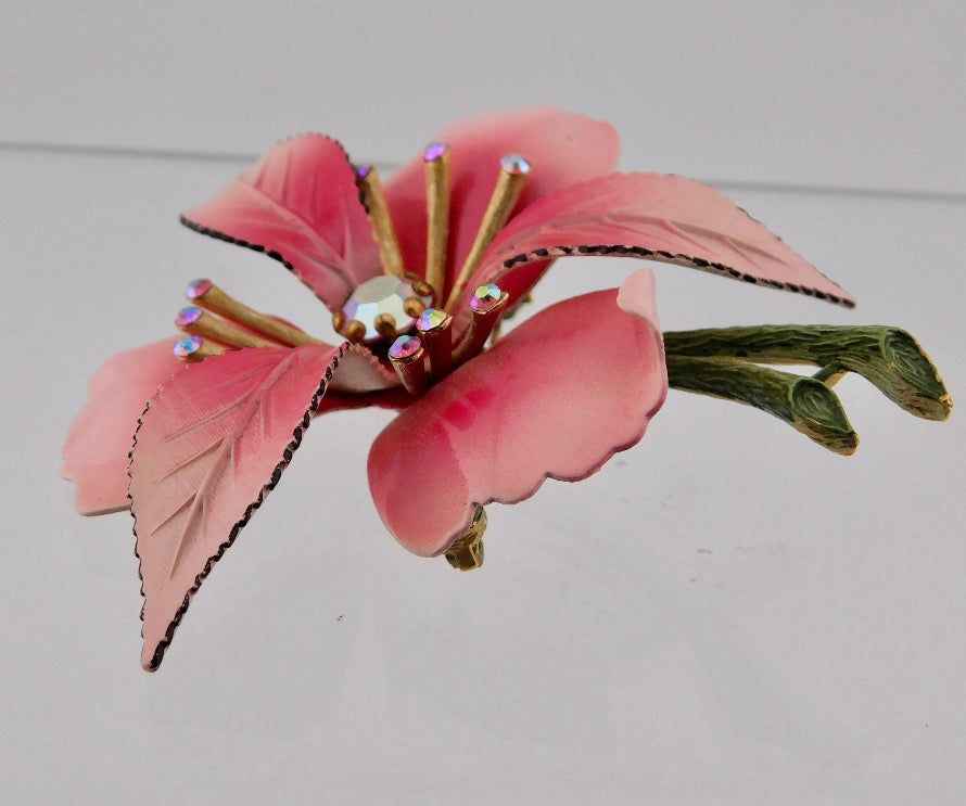 1950s signed LISNER Enameled Flower Brooch, Pink Aurora Borealis Rhinestones
