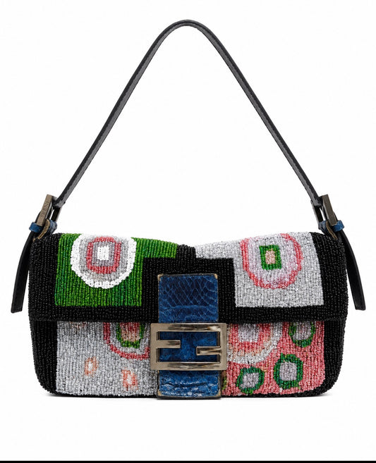 Iconic 1990s Fendi Baguette featuring gorgeous bead work and beautiful teal python  strap.