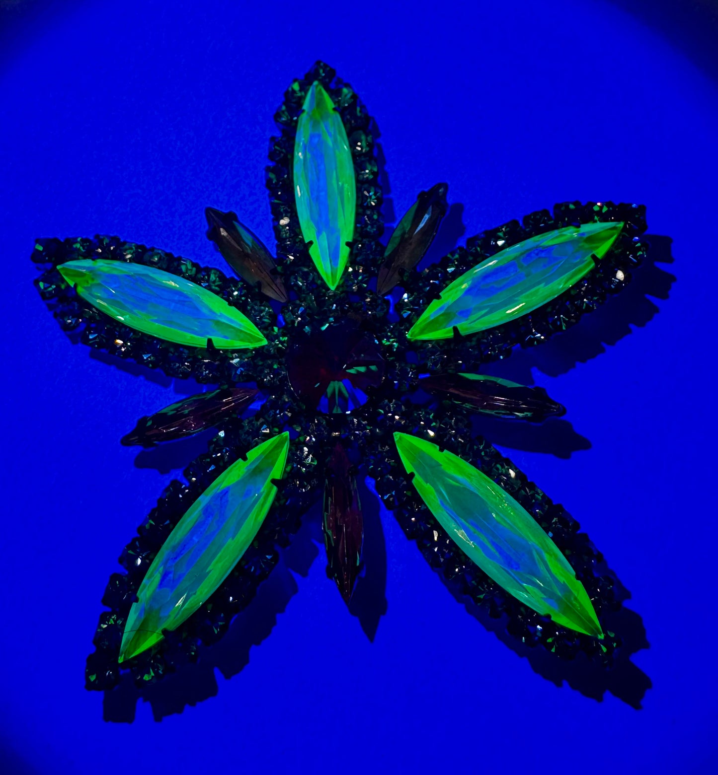 Gorgeous 1940s unsigned vintage flower brooch in pink and "yellow/green" glass rhinestones with a touch of uranium. Look under a black light!
