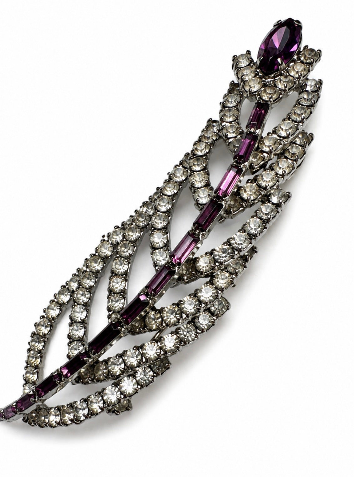 Stunning 1940s clear and amethyst glass rhinestone leaf brooch