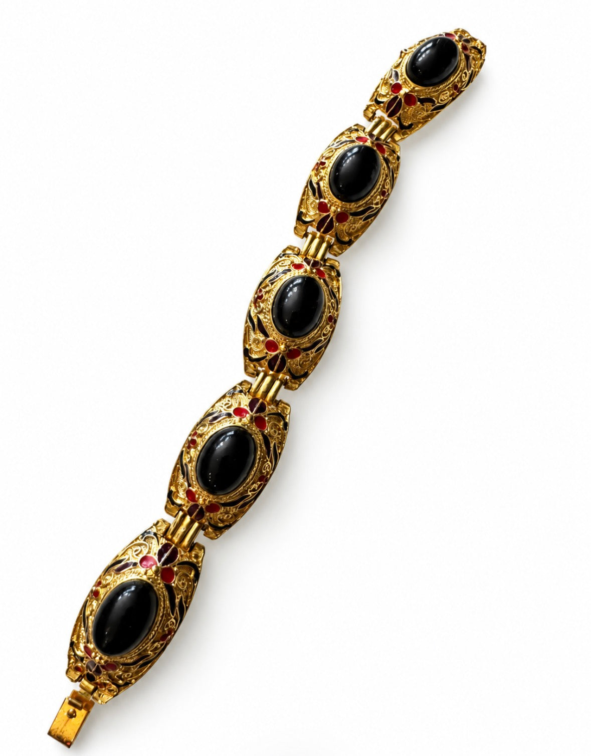 Gorgeous 1960s black cabochon with red enamel link bracelet