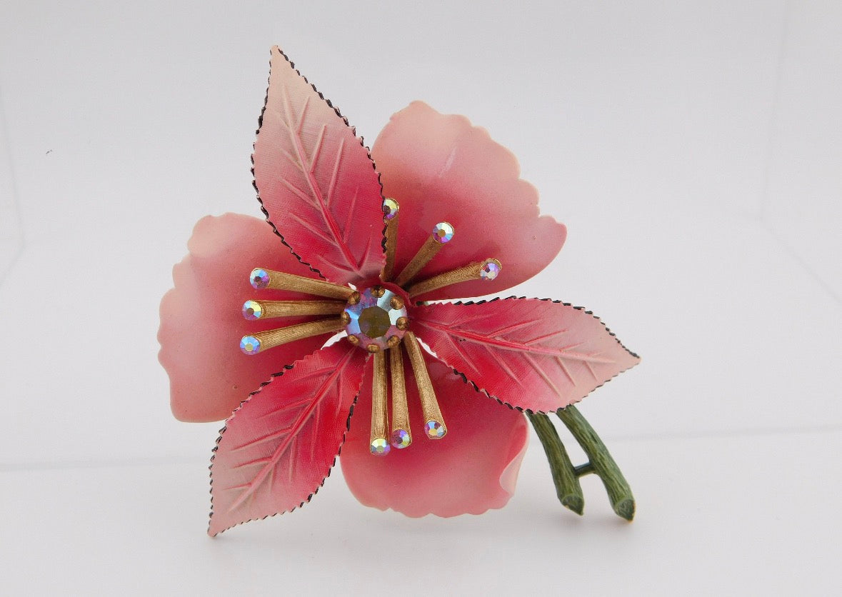 1950s signed LISNER Enameled Flower Brooch, Pink Aurora Borealis Rhinestones