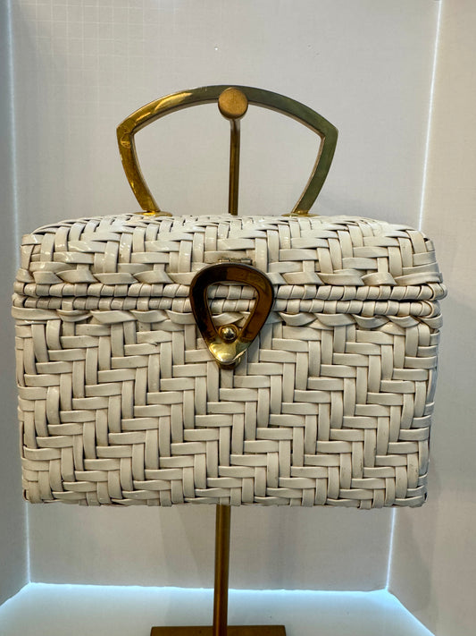 1950s white wicker box bag with gold hardware