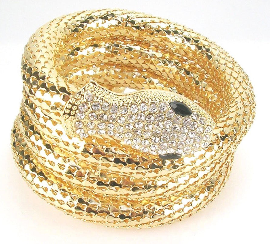 1990s vintage Kenneth J Ln. stretch metal snake bracelet with clear rhinestone head and tail and green rhinestone eyes