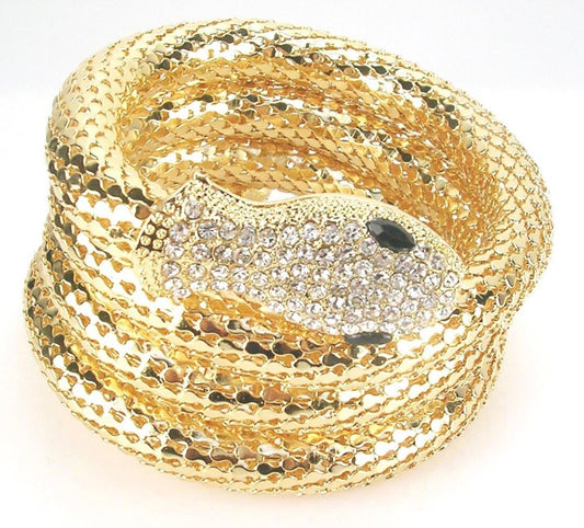1990s vintage Kenneth J Ln. stretch metal snake bracelet with clear rhinestone head and tail and green rhinestone eyes