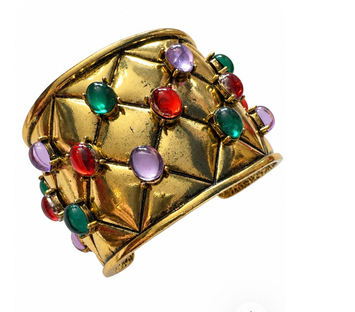 1980s Moghul style heavy weight large wide cuff with colored cabochons￼