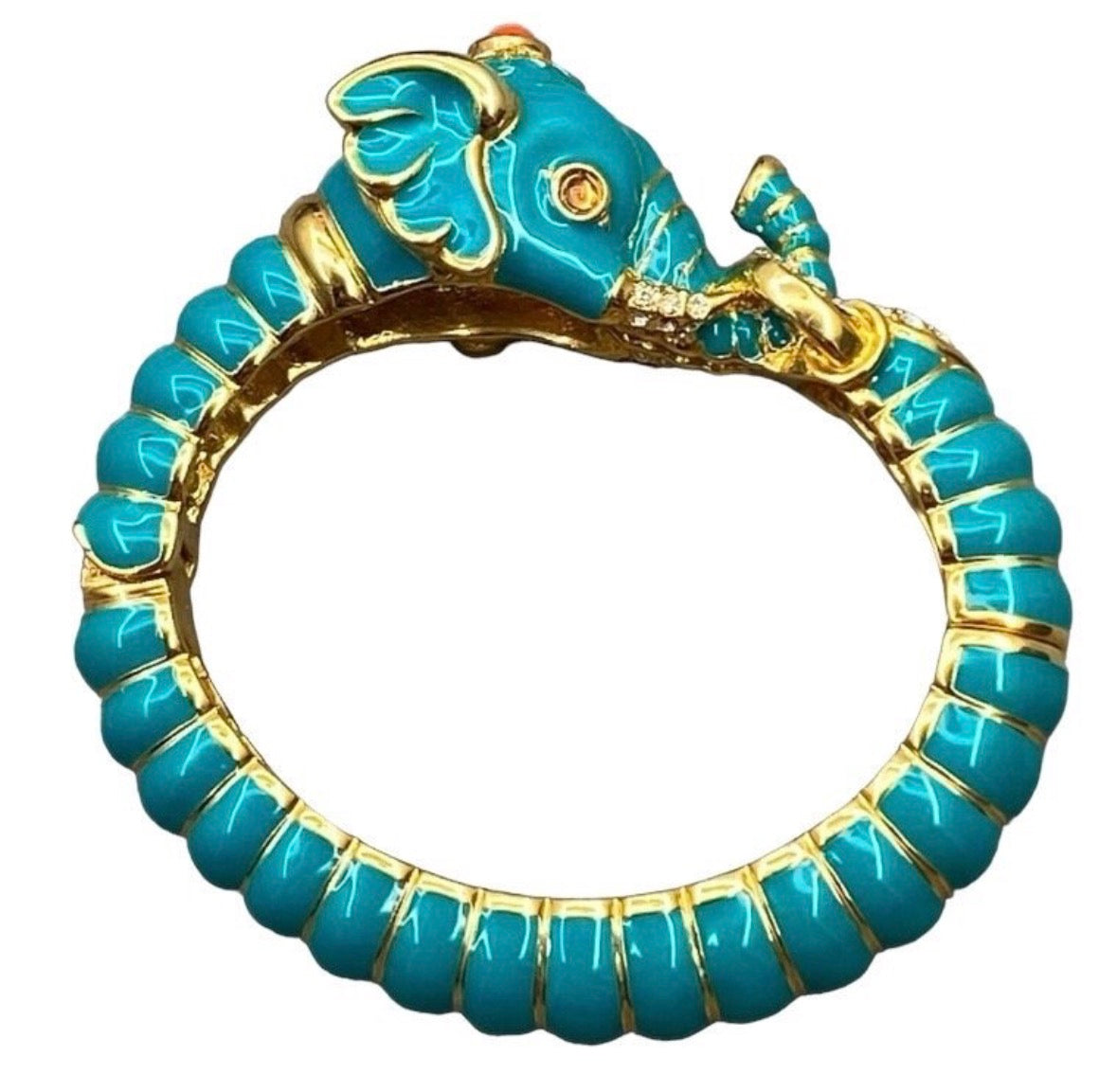 1990s signed Kenneth, Jay Lane aqua enamel and rhinestone clamper bracelet ￼