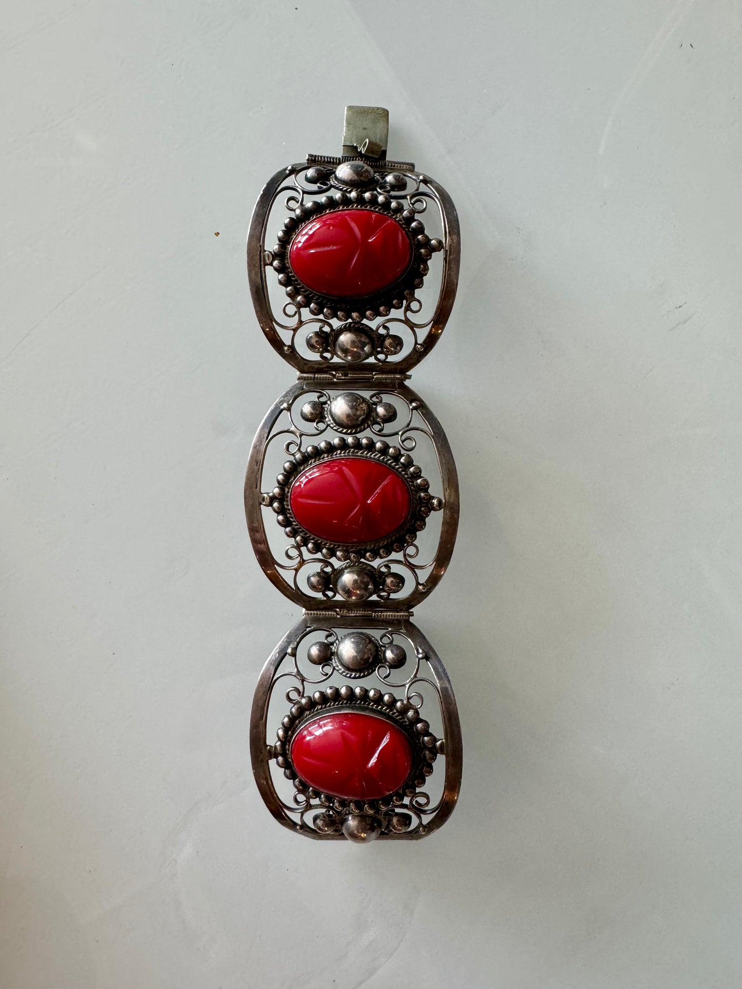 Vintage silver and red stone filigree bracelet