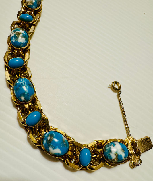 1960s gold tone and turquoise stone bracelet with safety latch