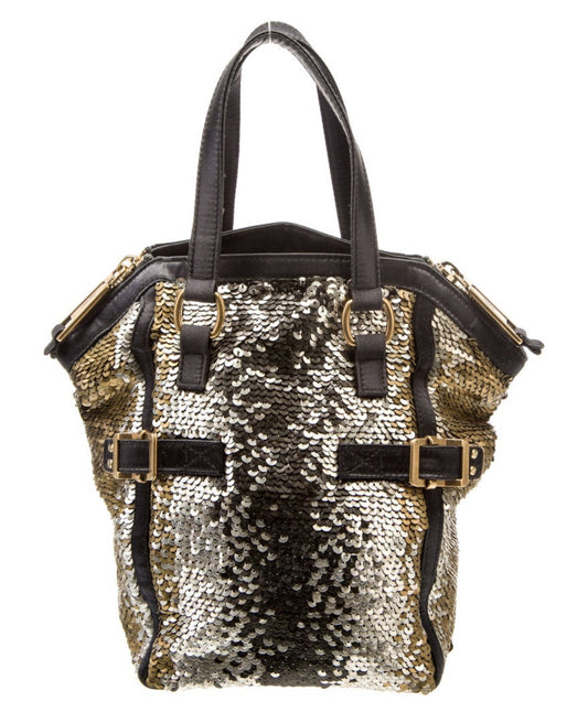 YSL Top Handle satin and leather top handle bag with gold and silver sequins. Zip closure on top. includes dust bag.