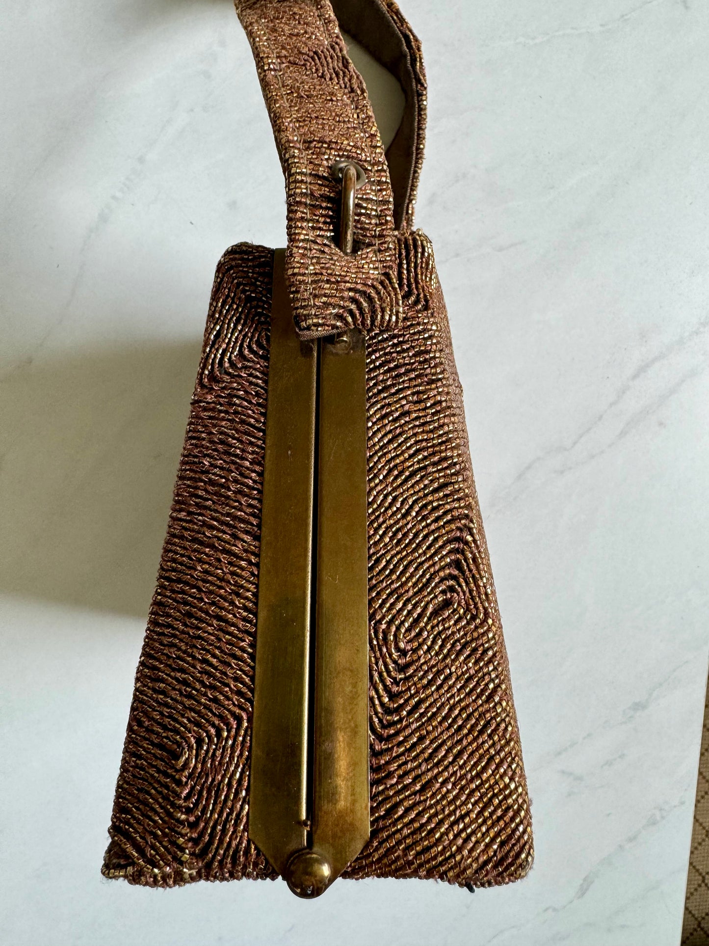 1940's Bronze beaded top handle hard top bag