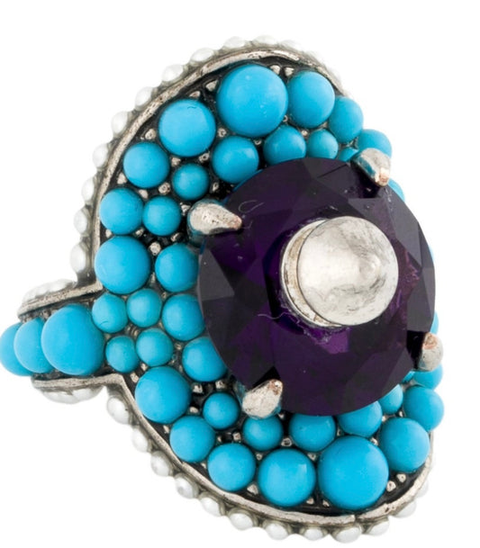 2019 Gucci pearl, resin and crystal ring. Turquoise and amethyst stones on silver plate. Made in Italy.