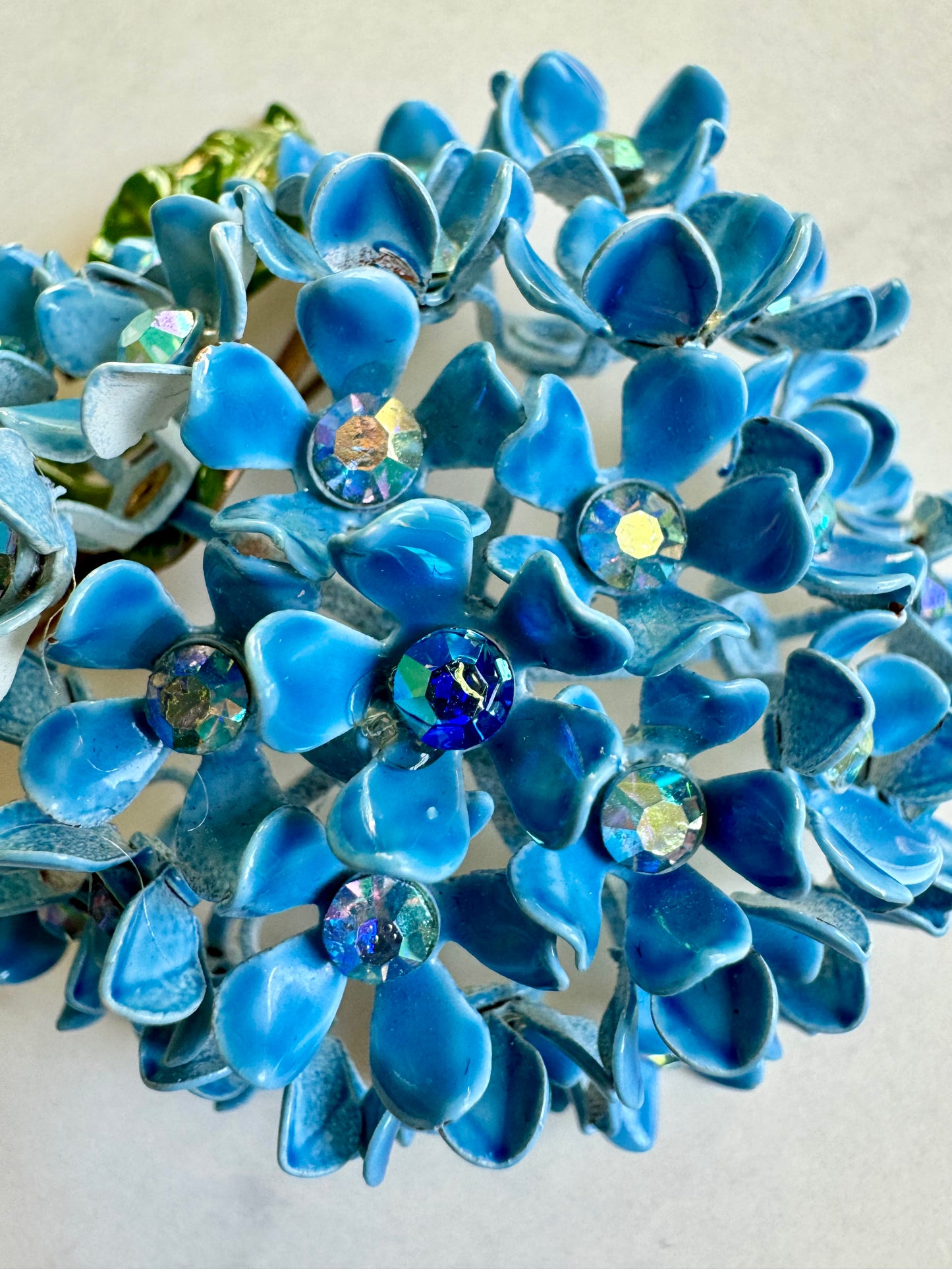 Blue hydrangea brooch with rhinestones