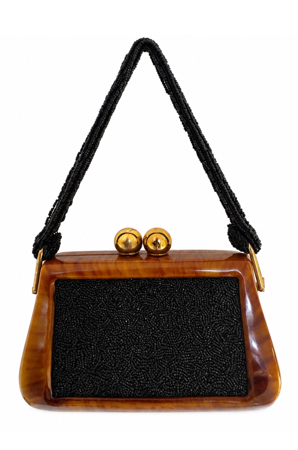 Stunning 1940s black beaded and bakelite kiss lock top handle bag