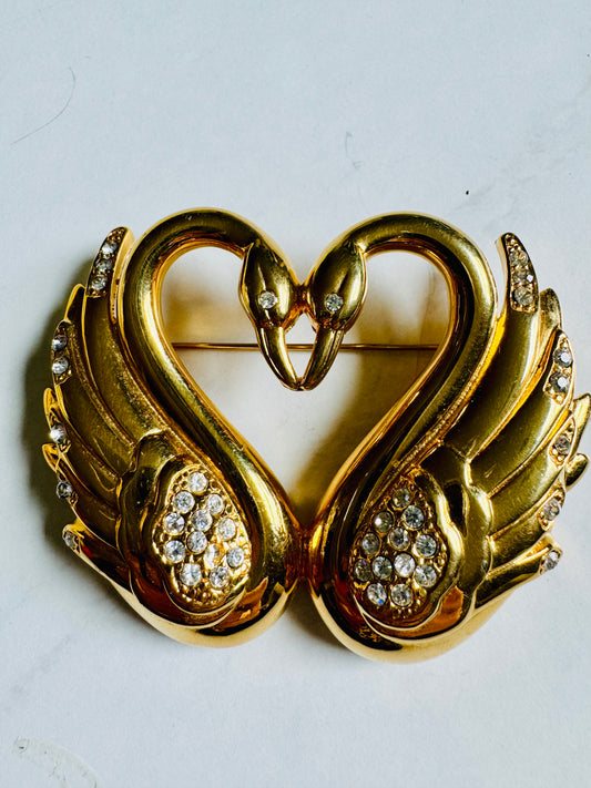 Kissing Swan Signed brooch "LR" Gold tone with rhinestones