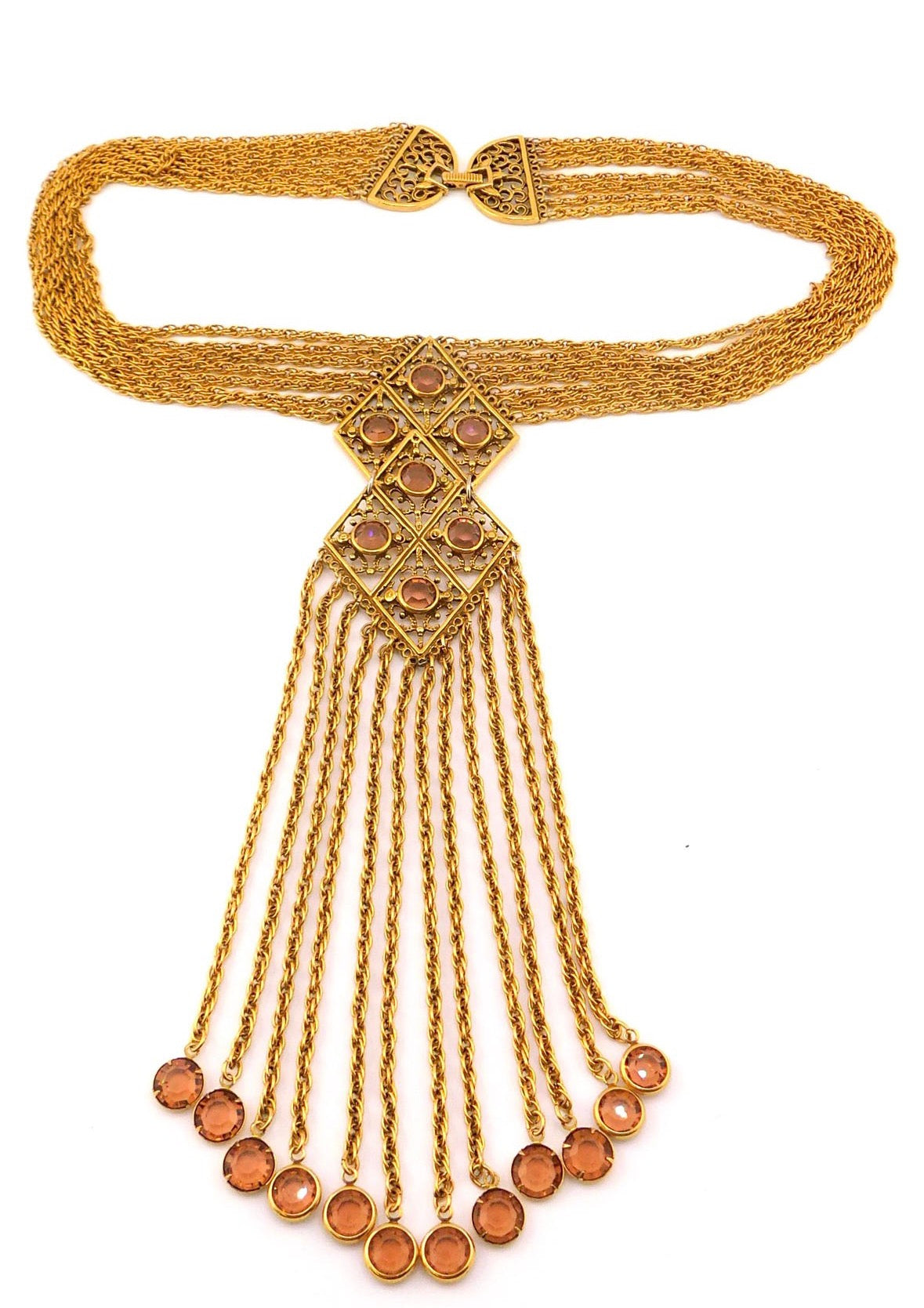 Vintage 1960s GOLDETTE Multi Strand Long Fringed Chain and Topaz Crystals Statement Necklace