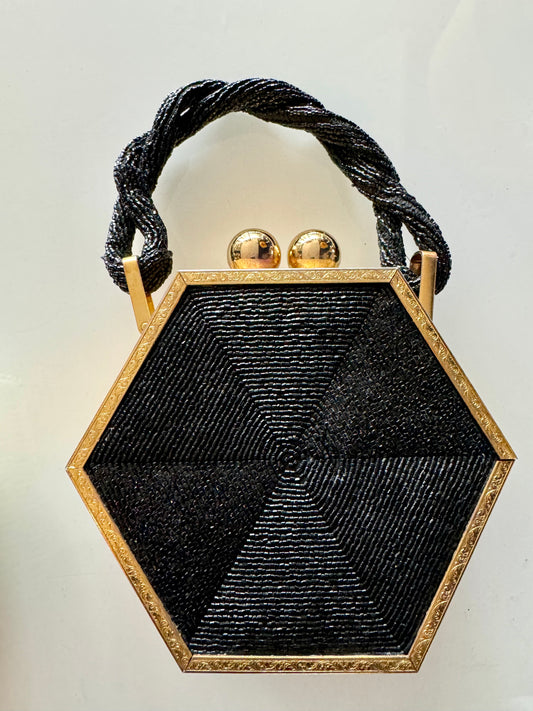 Stunning 1940s black beaded bag with etched gold hardware and giant kiss lock closure