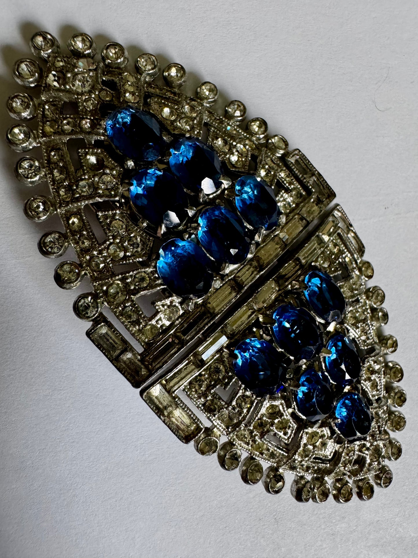 Late 1930s early 1940s signed CORO Duette rhodium plated double dress/fur clip and brooch with pave set sapphire and clear rhinestones