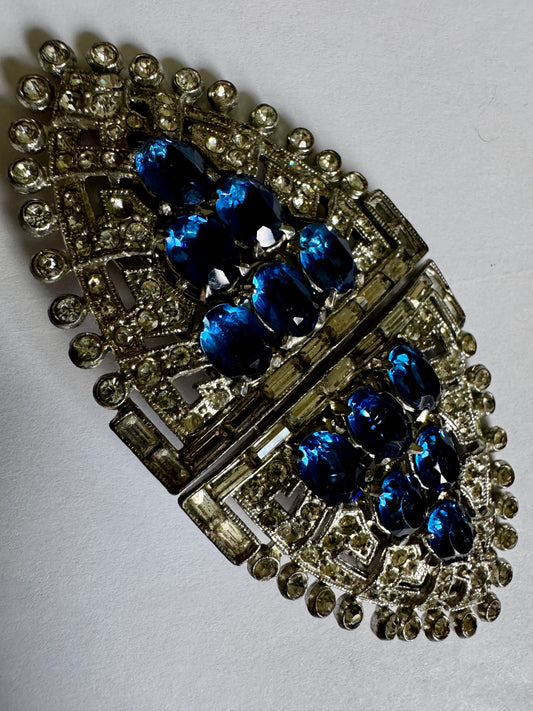 Late 1930s early 1940s signed CORO Duette rhodium plated double dress/fur clip and brooch with pave set sapphire and clear rhinestones