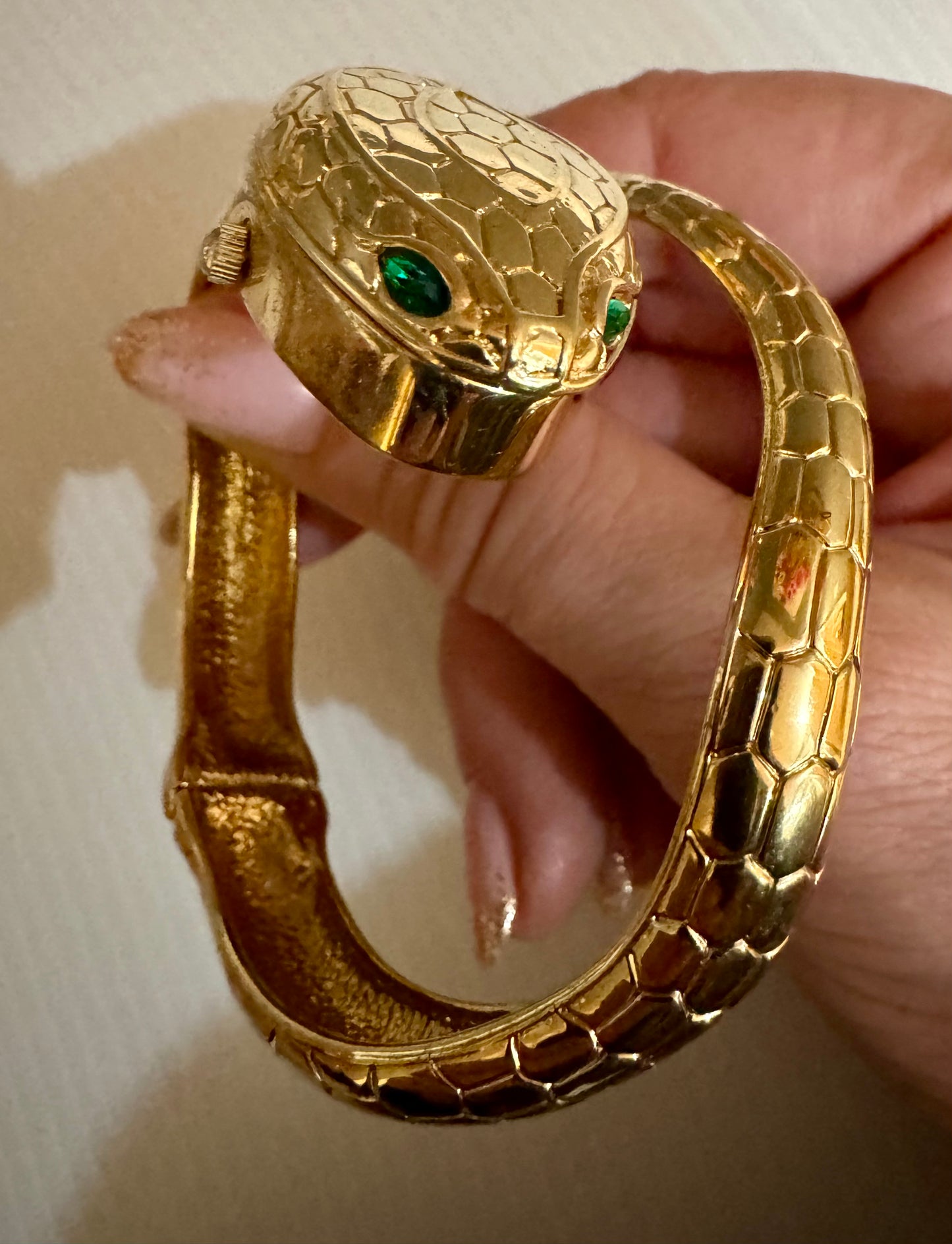 RARE 1960s gold tone wrap snake bracelet with secret watch in the head