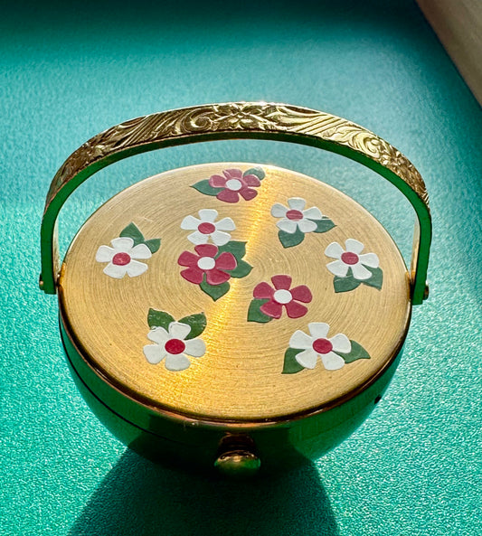 Charming and whimsical 1950s floral basket Makeup compact with original powder puff