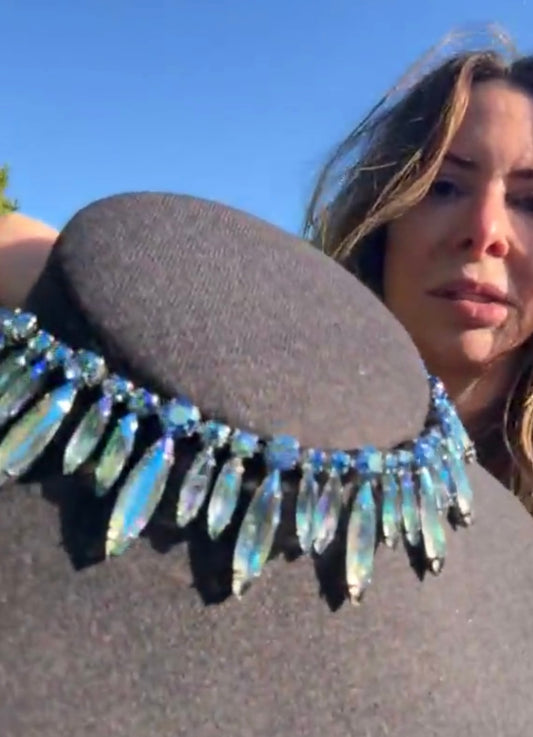 Vintage Hattie Carnegie Signed Fringe Aurora Borealis Blue Rhinestone Necklace. Long 1” Navettes alternate with shorter 1/2” Navettes, studded with various sized Chatons all in matching AB blue color.