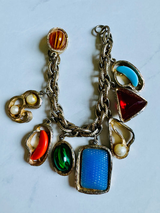 Colorful 1960s faux pearl and lucite cabochon charm bracelet