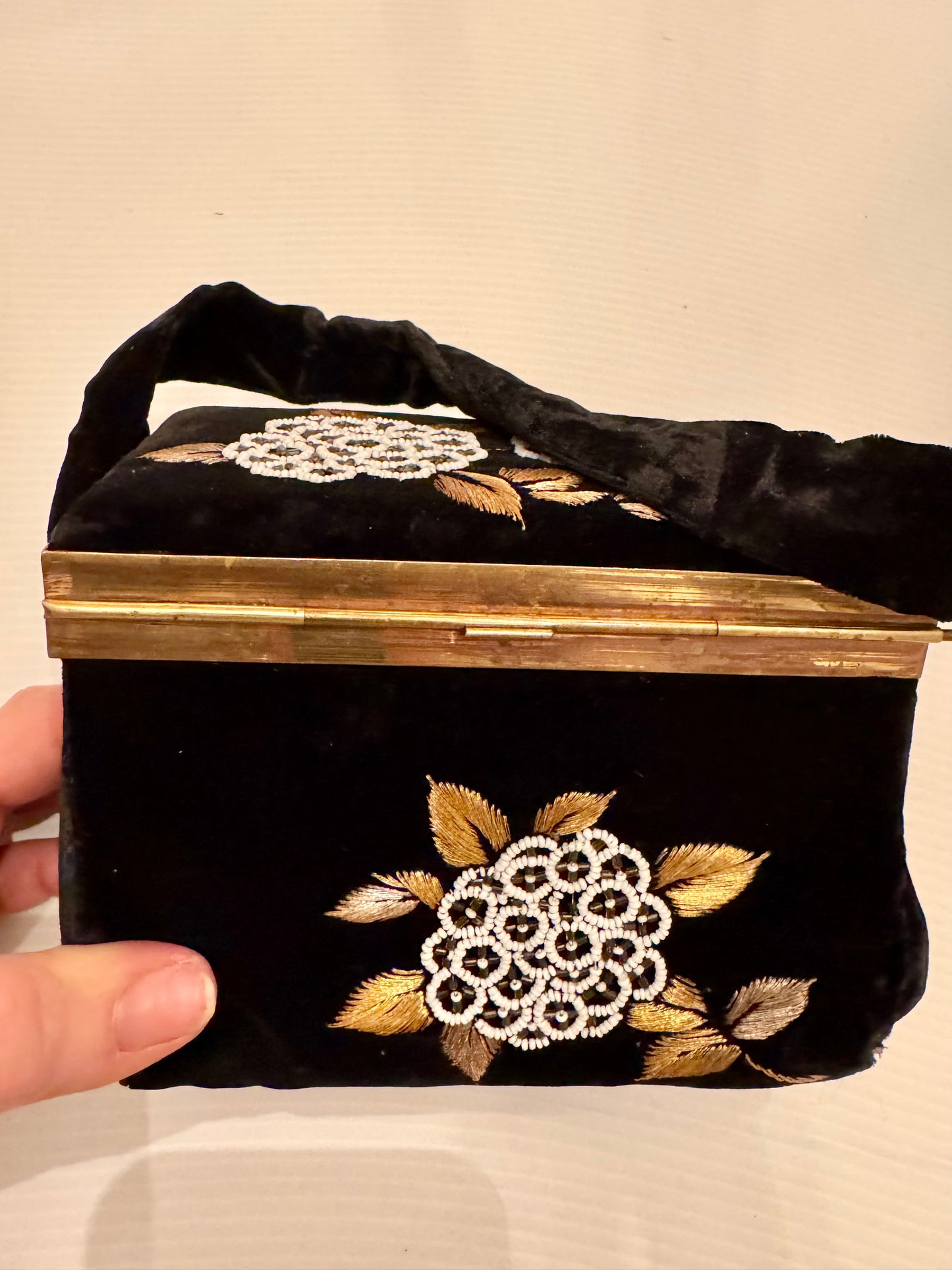 Vintage 1940s black velvet handmade box bag with beaded flowers and gold tone kiss lock hardware