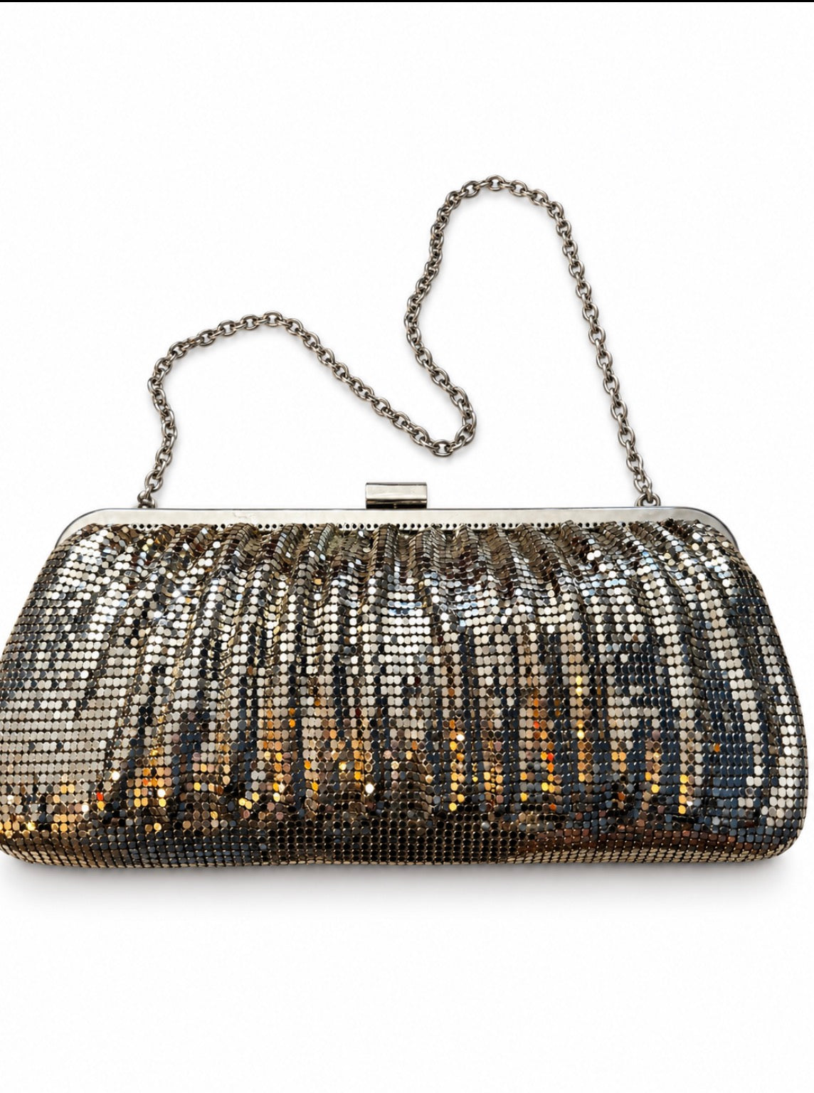 1970s Whiting and Davis extra long light gold clutch with optional chain