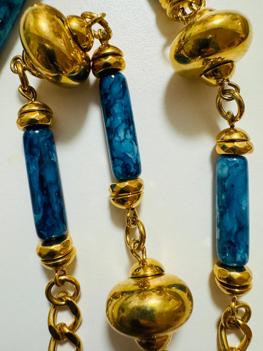 Vintage 1970s Blue Enamel & Gold Chain Necklace