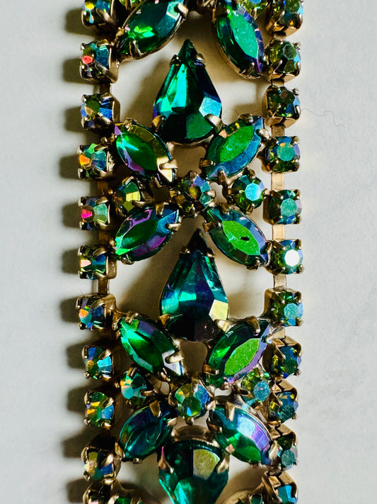 Vintage Weiss rhinestone bracelet with greenish, blueish, purplish stones depending on how light hits it