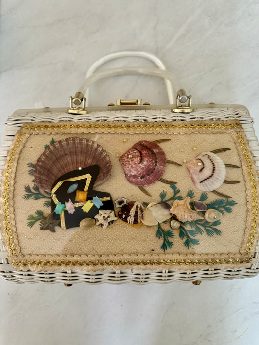 1950s white wicker bag with treasure box and shells
