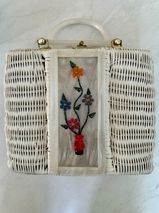 White wicker bag with mother of pearl lucite and flowers